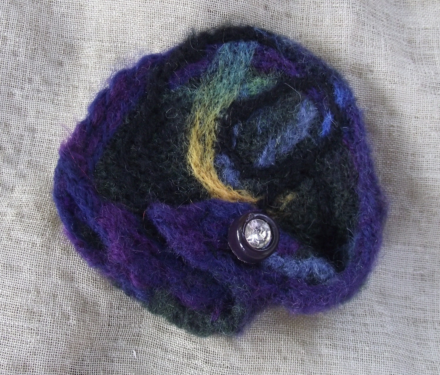 LAPEL PIN BROOCH Purple Pansy Wool felted fiber art Fashion Accessory for hat scarf purse bag tote rhinestone vintage button Violet Yellow