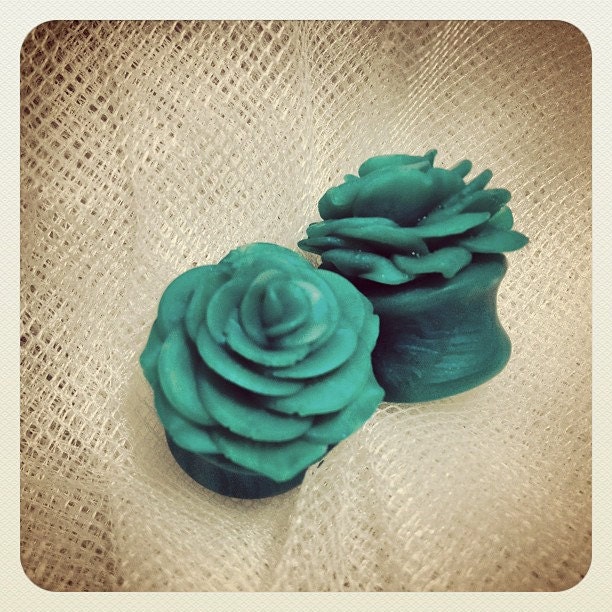 Faux Jade Rosebud Plugs - Earrings for Stretched Lobes - 7/16" to 5/8"