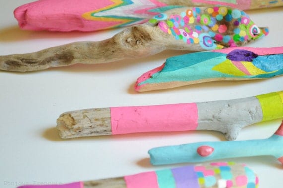 Neon Painted Sticks - 8 Piece Collection, Home Decor Props - Mantle Piece, Pattern, Driftwood Art, Stripes, Circles, Dots, Triangles, Boho