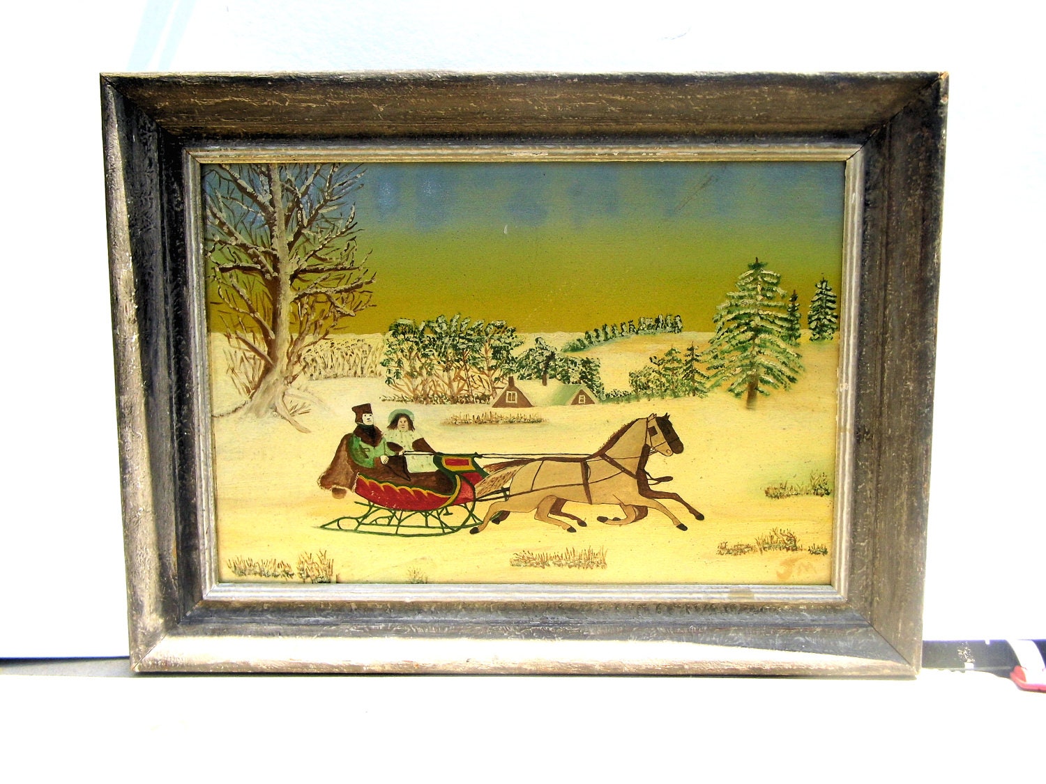 Vintage Oil Painting, Mid Century Art, Primitive Style Painting, Framed Oil Painting