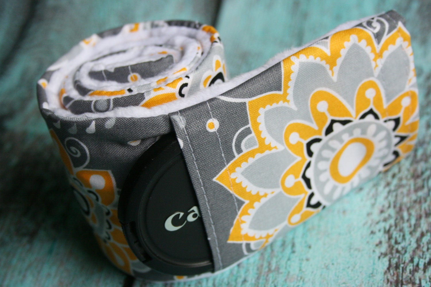Camera Strap Cover with Lens Cap Pocket - Padded Minky - Gray and Yellow Flower Graphic with White Minky- MADE TO ORDER