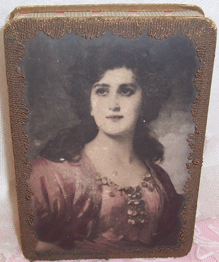 Antique/French Raven Haired Lady Lithograph Candy Box w/ Metallic Trim