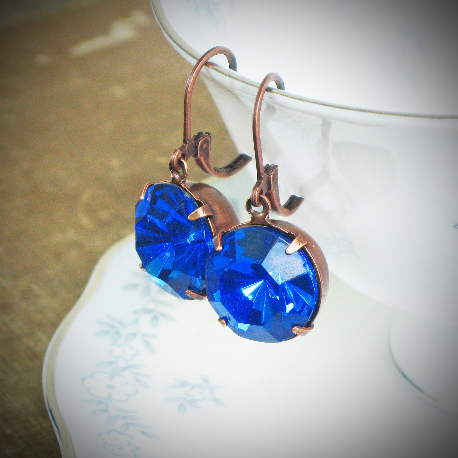 Blue Rhinestone Solitaire Drop Earrings, Sapphire, Cobalt, Copper