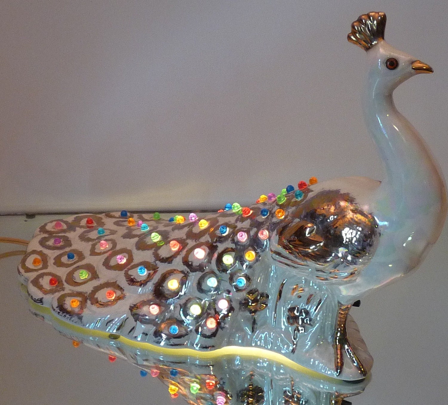 Vintage Ceramic Novelty Colorful Peacock Lamp by fuzzystars