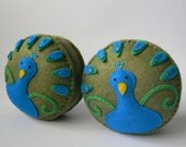 Peacock brilliant blue bright green olive green handsewn recycled felt pincushion