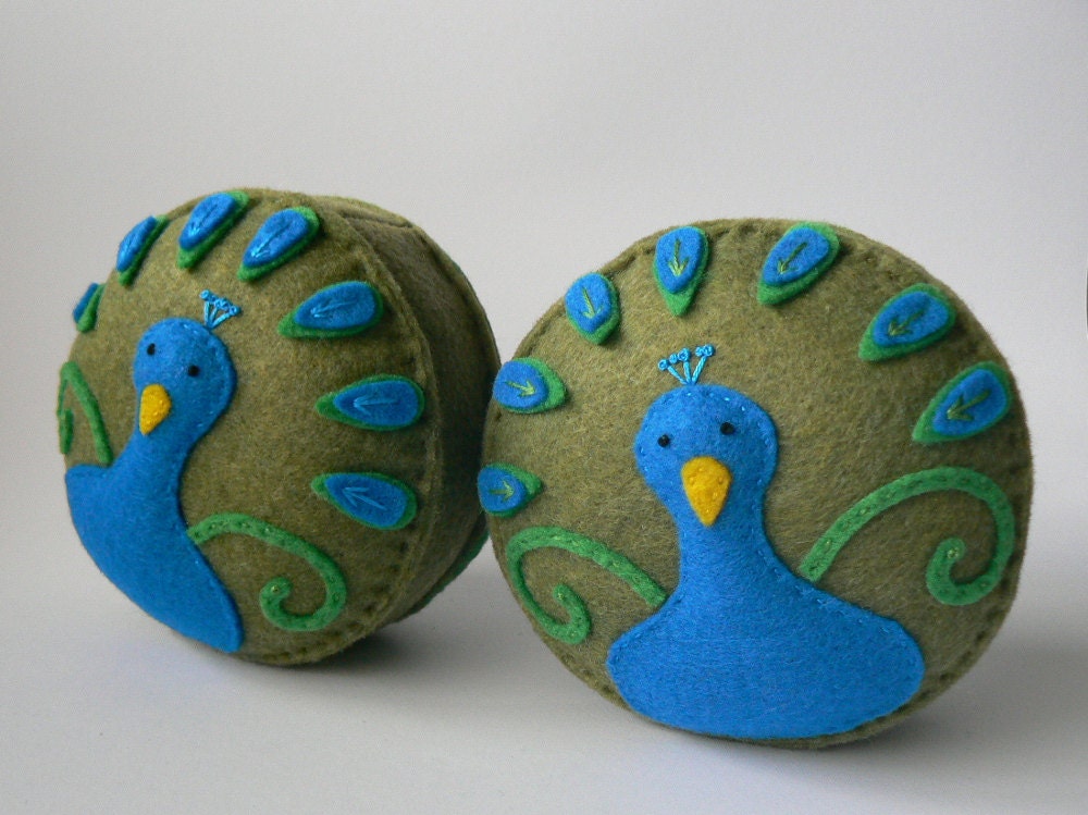 Peacock brilliant blue bright green olive green handsewn recycled felt pincushion