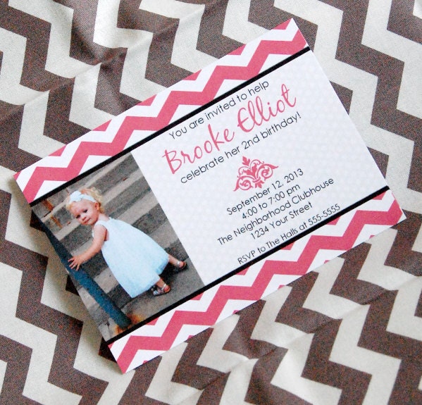 Pink Chevron Invitation for Birthday Party or Baby Shower - Girls DIY Printable Photo Invite by BeeAndDaisy Il_570xn