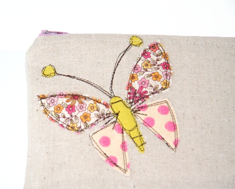 butterfly applique zipper pouch in polka dots and sweet floral with freestyle stitching / summer fashion / compact / cosmetic bag