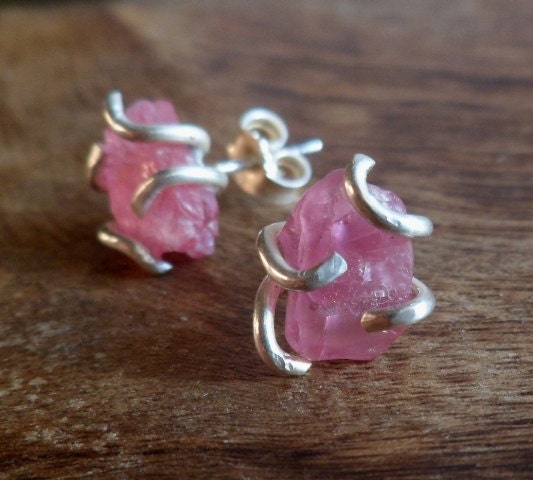 Pink tourmaline and sterling silver stud earrings. Handmade. Mineral . Post earrings.