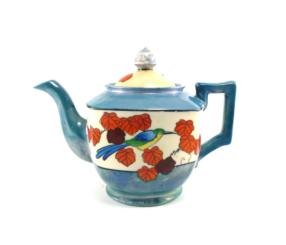 Cyber Monday etsy HOLIDAY SALE Shabby Japanese teapot - blue orange white vintage tea pot
