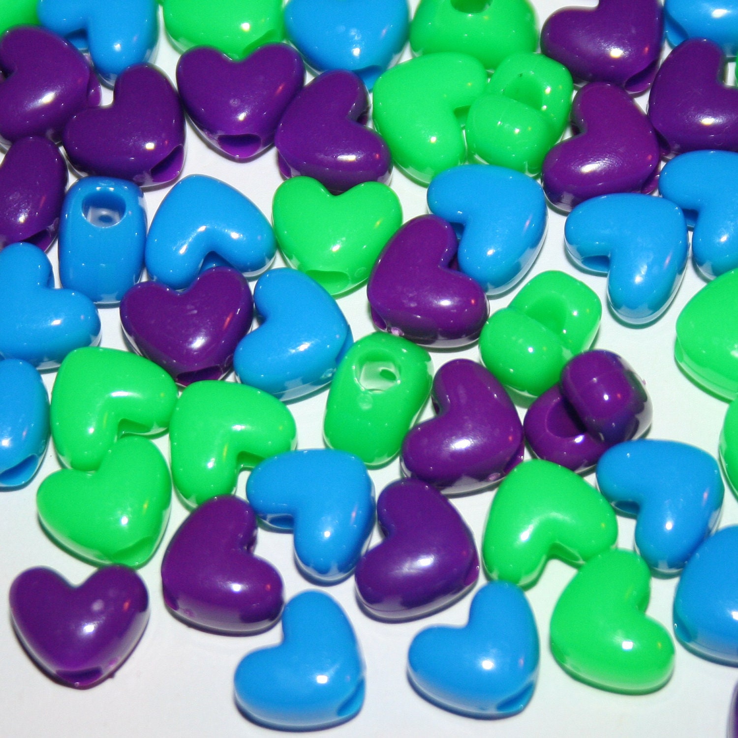 300 Neon Heart Beads in Cool Blue Green Purple Plastic Pony Bead