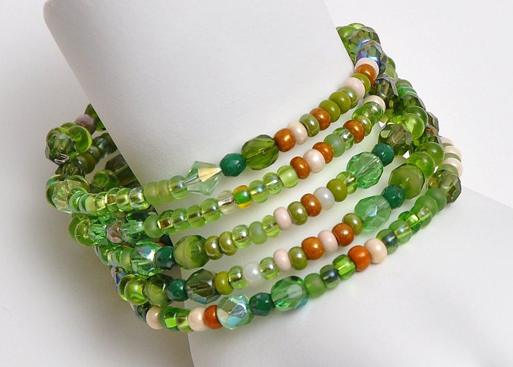 Green Bangle- Boho - Beaded - Memory Wire Bracelet