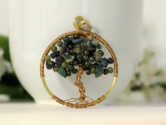 Green Tree Pendant, Large Brass Wire-wrapped Tree pendant with African Jade