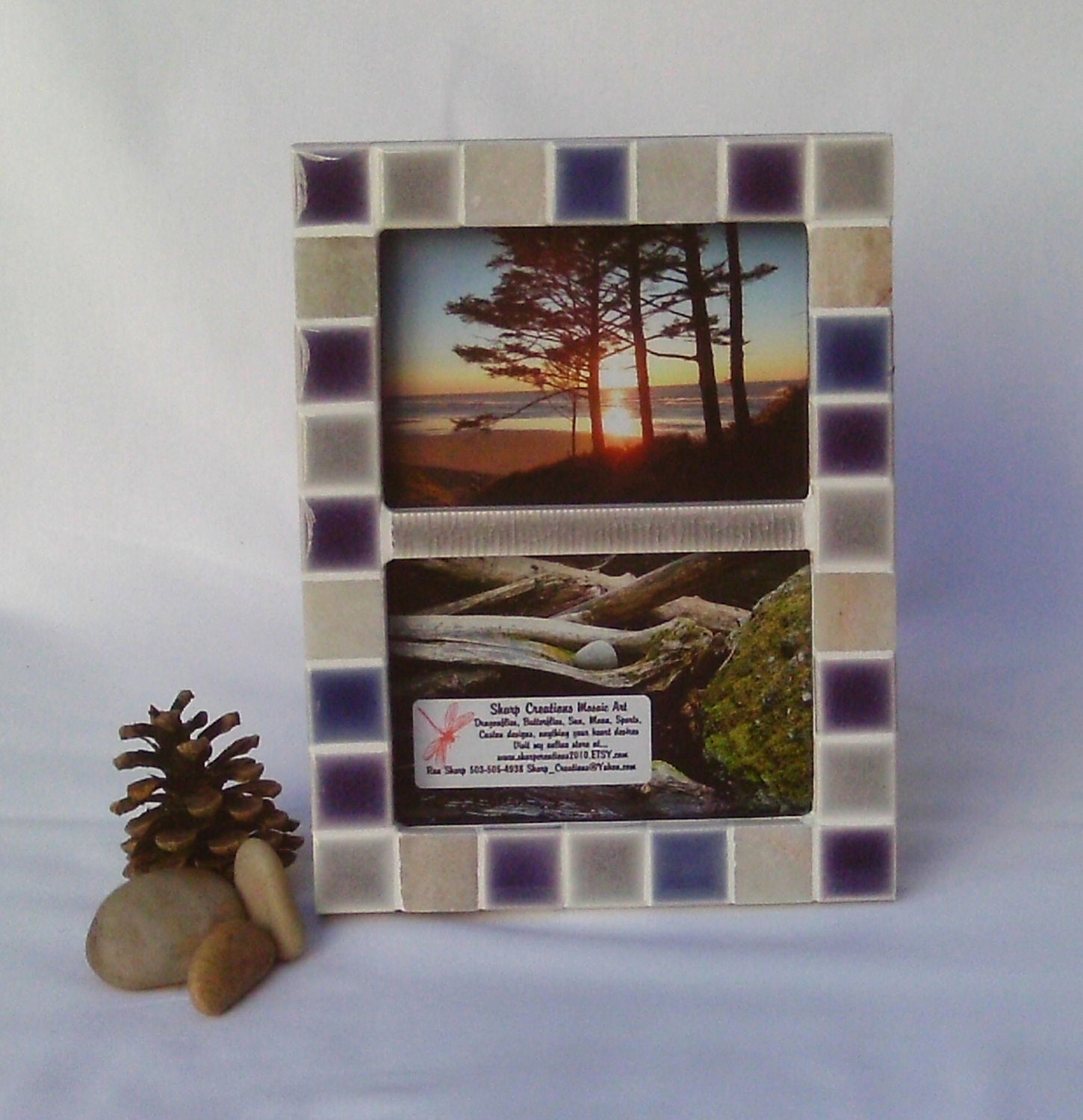 ceramic and natural stone tile picture frame --- holds TWO 3"x5" photos