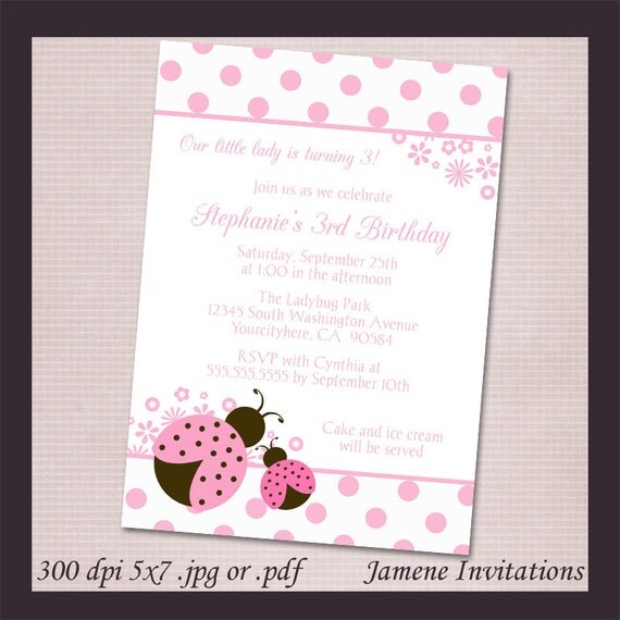 Cute pink and brown ladybug birthday party invitation digital download file - PRINT YOUR OWN Il_570xn