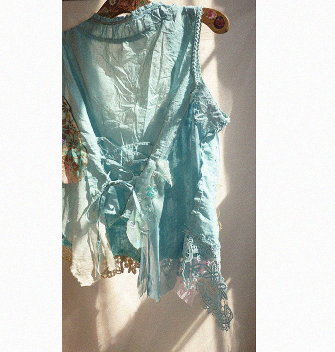 SALE Lovely Unique Turquise  Cotton Jacket/Vest /Corset/Bolero Laces COTE d'AZUR Hippi Victorian Antique Boho  Wilde Summer very Feminine