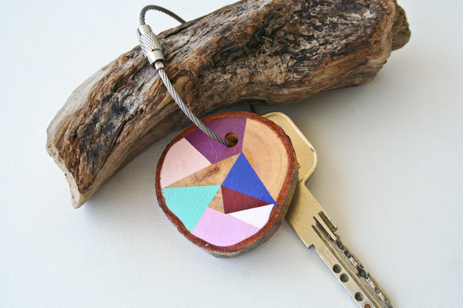 SUMMER SALE 20% OFF - wood keychain with stainless steel cable wire, tones of purple, mint, baby pink and blue geometric triangle shapes