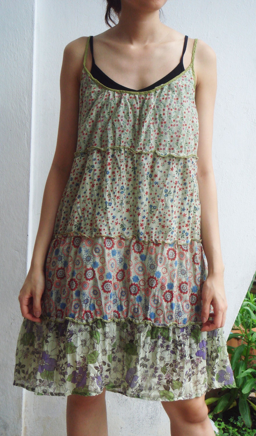 Flower Field Floral Summer Spring Light Green Cotton Dress