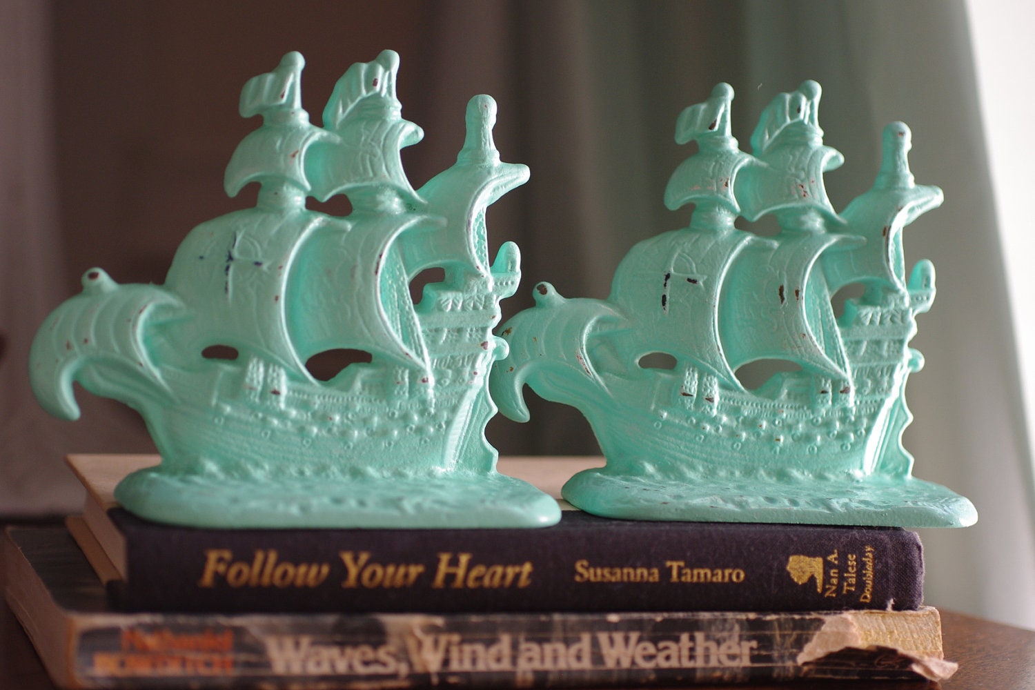 Vintage Cast Iron Pirate Galleon Ship Bookends - Sea Foam Green