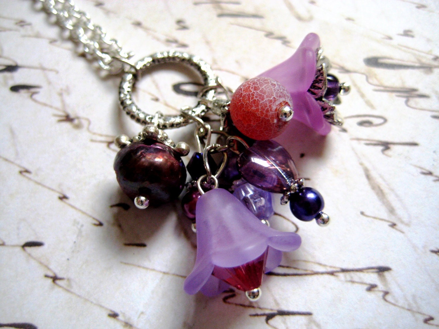 Pink Purple Flower Blossom Cluster Necklace