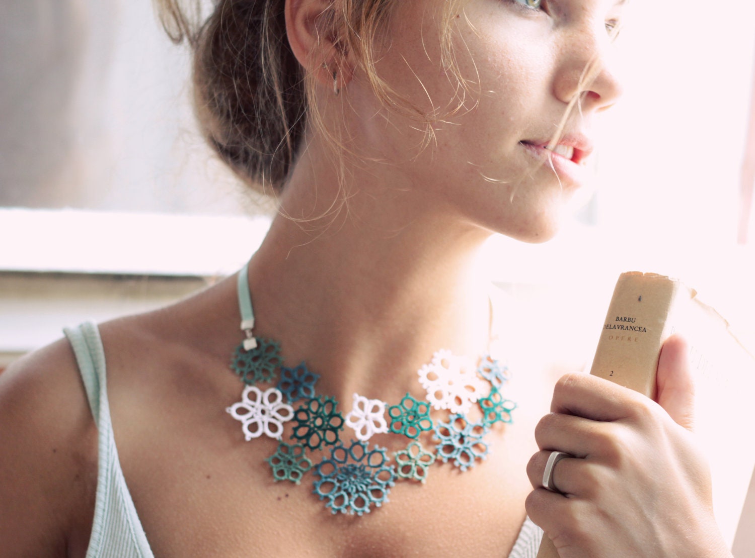 perfect gift for her - handmade tatted floral necklace - asymmetrical lace decoration in mint tones