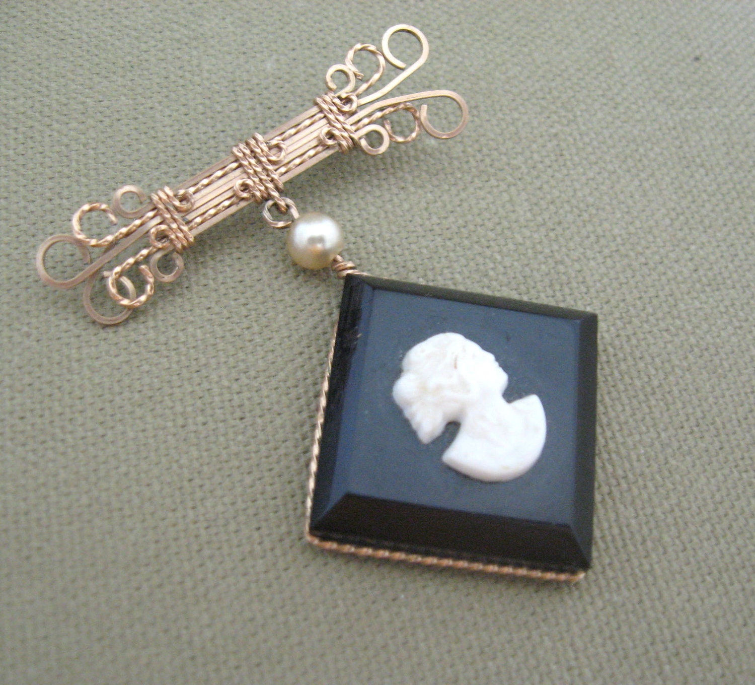 Black Lucite Cameo Brooch