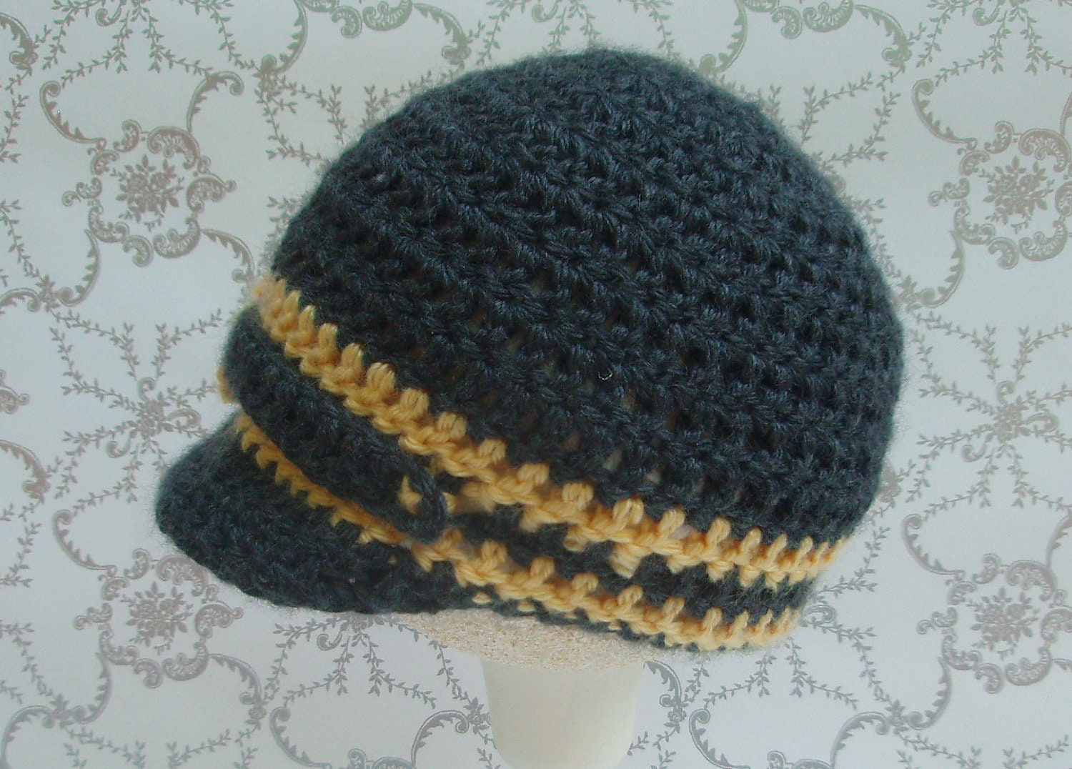 Crochet Baby Boy Newsboy Hat  - Grey & Yellow Little Bee Hat w/ Brim