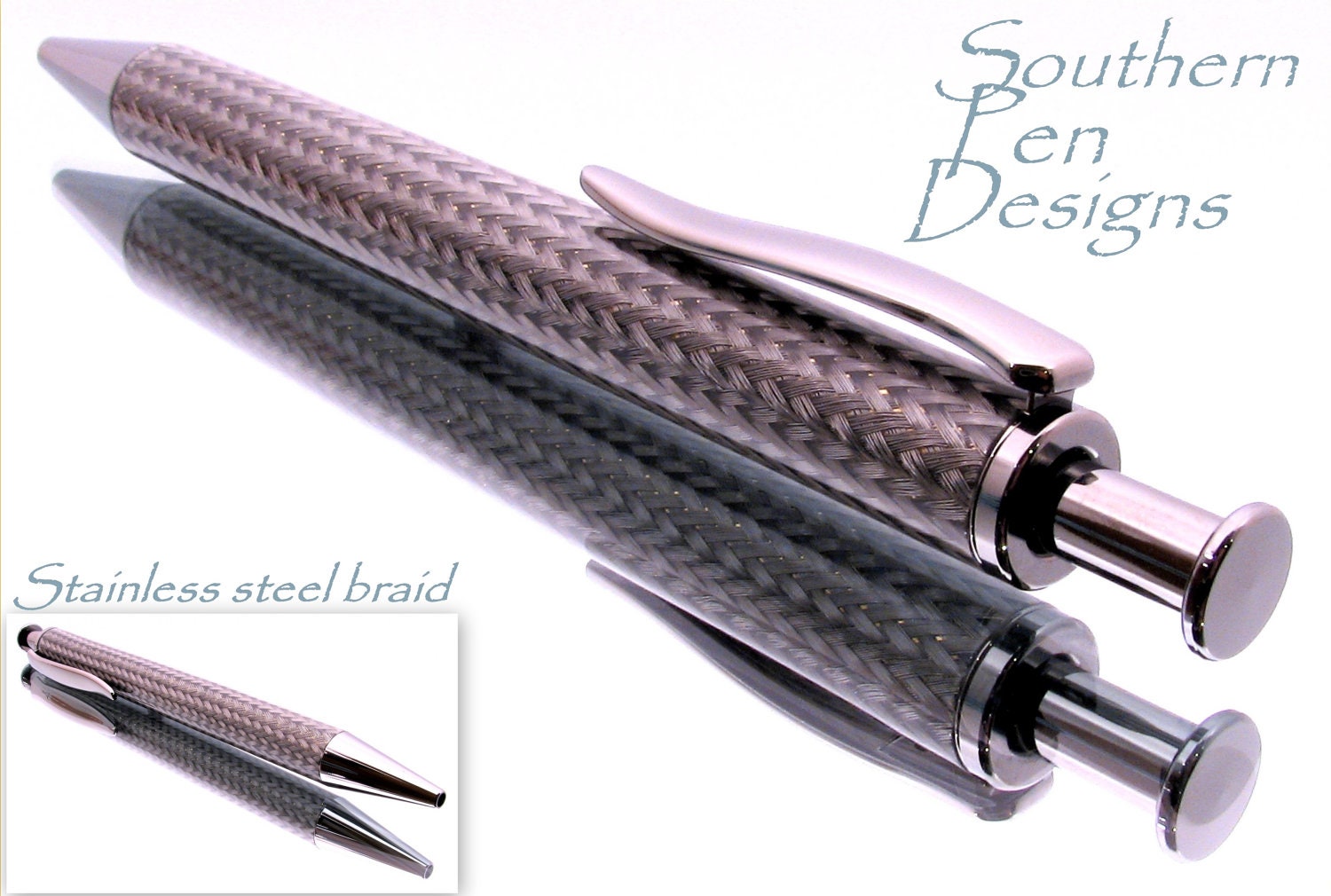 Stainless steel braid click pen. Bold and beautiful stainless steel braid on black Titanium hardware.