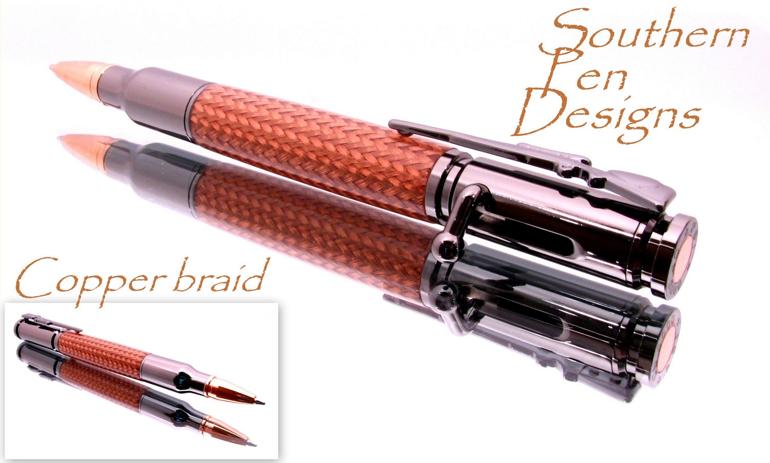 Handcrafted, gunmetal  plated, 30 cal bullet pen with copper braid. Bolt action ink advance. Very cool.