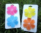 Flower Hair Clip Set: Pink, Turquoise Blue, Bright Yellow and Orange
