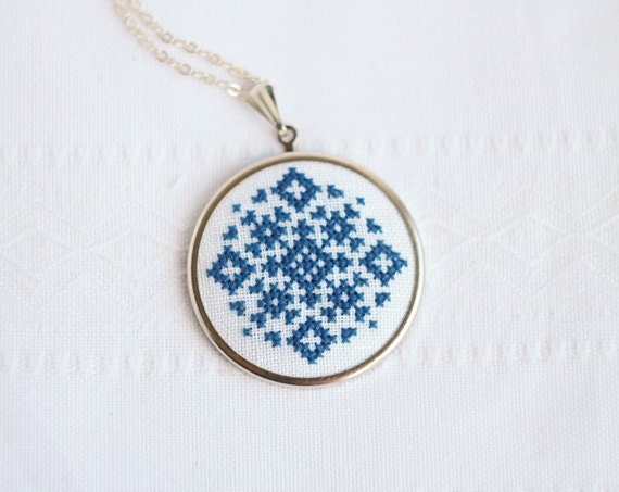 Custom color Hand embroidered necklace geometrical ornament on white - personilized made to order