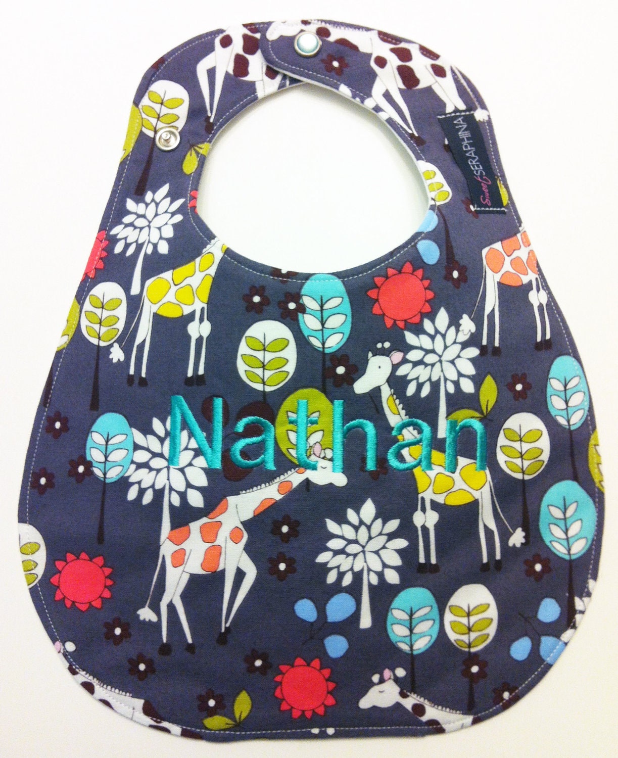 Monogrammed Baby Bib - Michael Miller Giraffe fabric - Etsykids Team - Baby Boy Bib