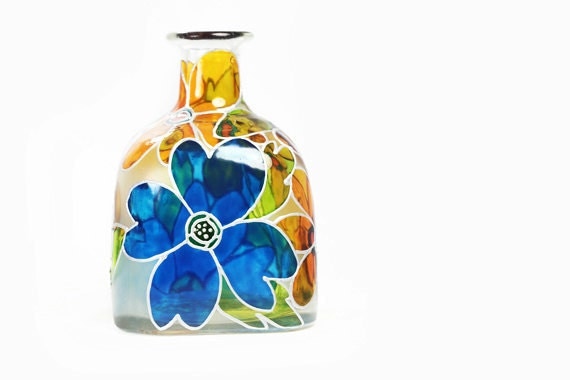 Hand Painted "Patron" Bottle Glass Bottle White Yellow Blue Flowers Abstract Retro Home Decor Decorative Glass Art