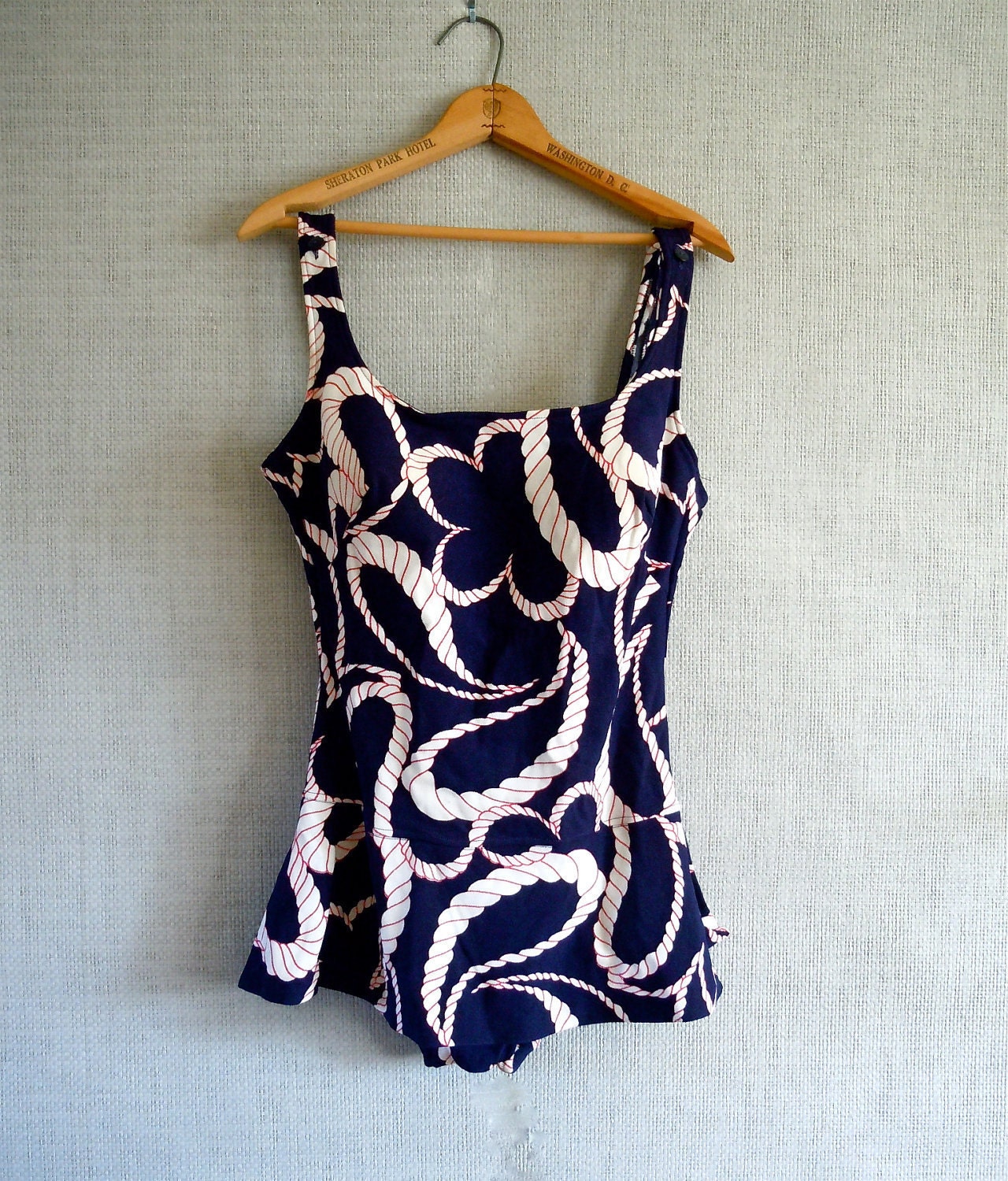 60s Swimsuit/ Nautical/ Navy, White, Rope design Bathing suit/ 1960s, MAD MEN, Elemko