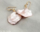 Pearl Earrings Huge Pink Keshi Pearl Earrings Wire Wrapped in Gold