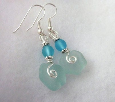 Sea Glass Earrings, Blue Sea Glass Earrings, Drilled Sea Glass Earrings, Bangle Earrings, Swarovski, Sea Glass Jewelry