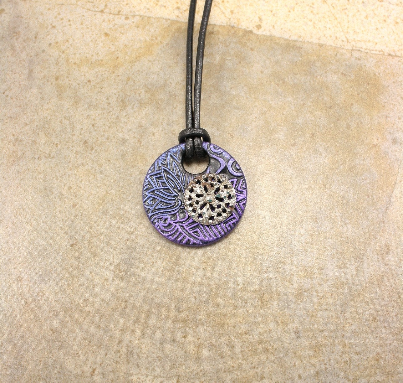 Black Leather Necklace Silver Lavender Purple Pendant Necklace
