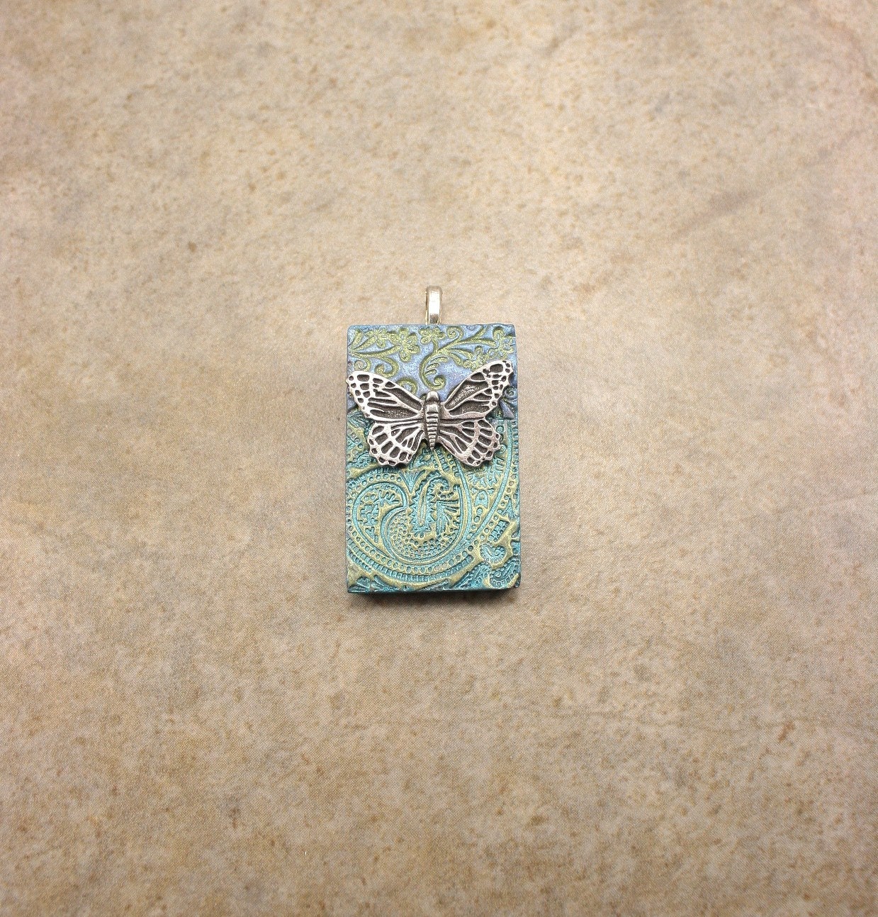 Handmade Butterfly Pendant Turquoise Silver Lime Green Blue Mixed Media Pendant SALE