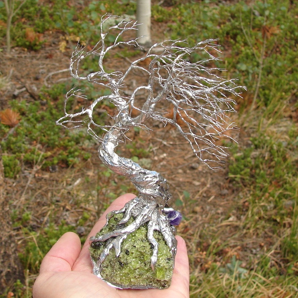 Wire Tree Of Life Wind Spirit sculpture Peridot Lava Bomb and Amethyst, original art PLB 2