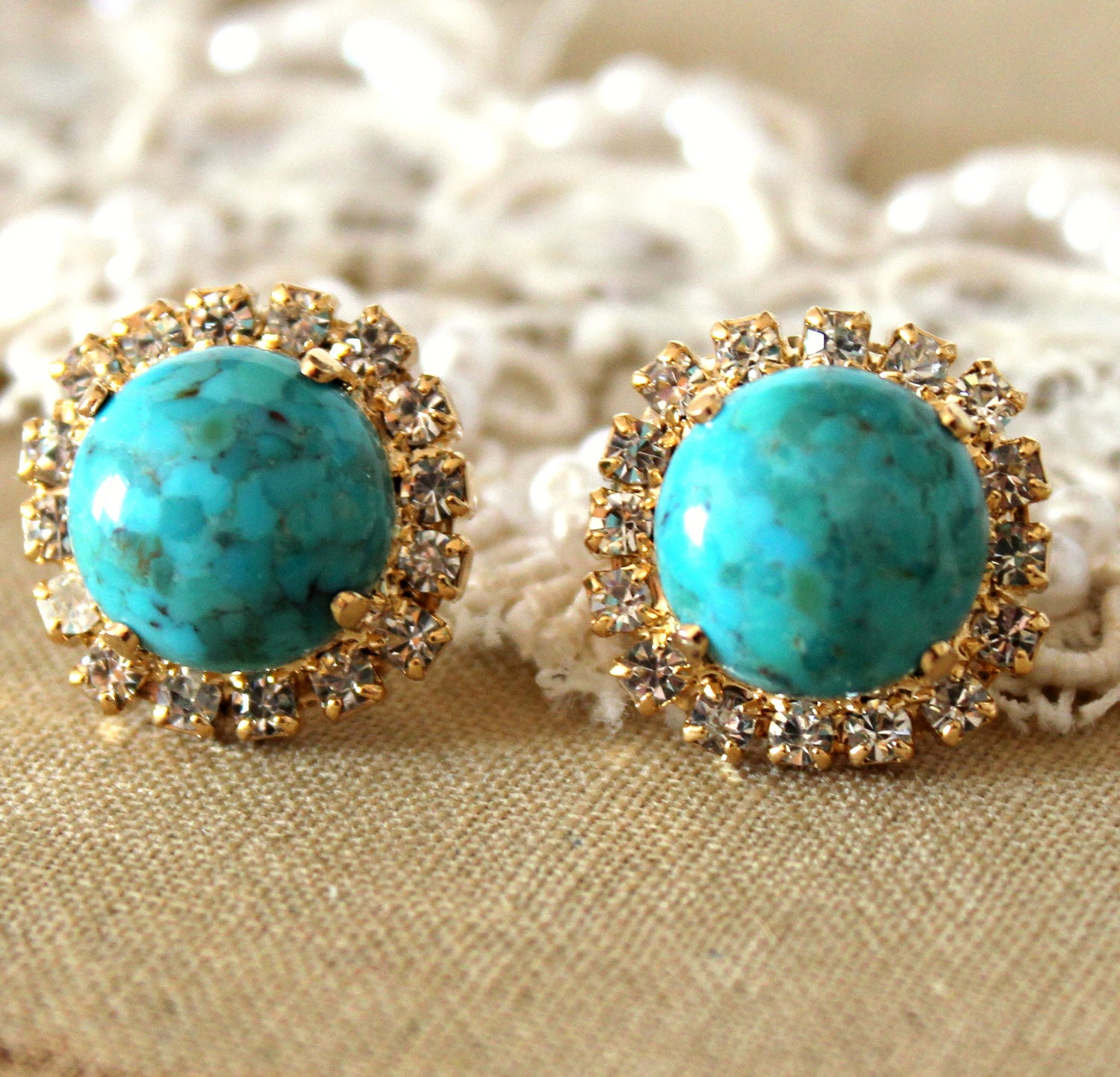 Real turquoise and Crystal stud earring by iloniti on Etsy
