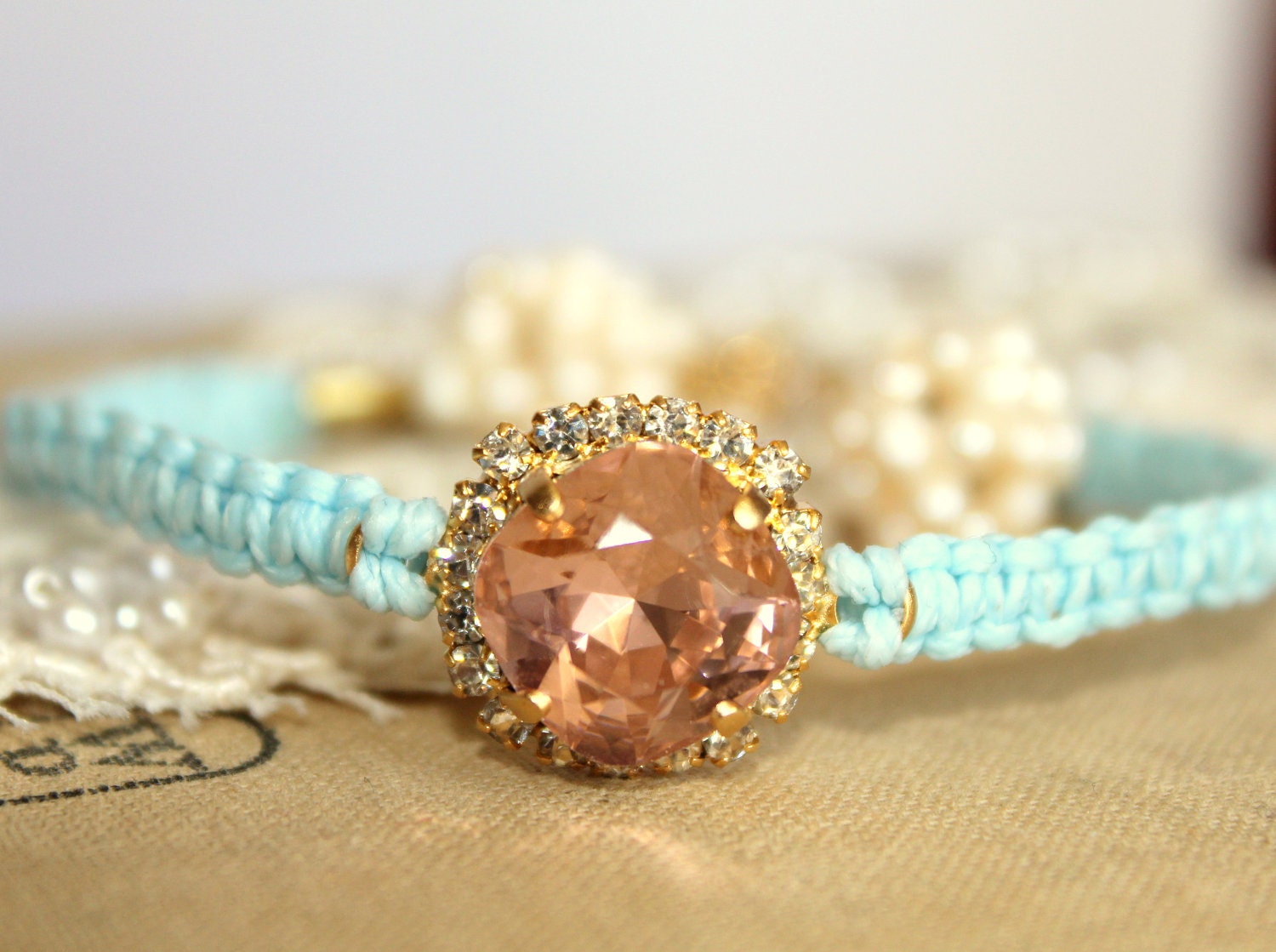 Braided Friendship bracelet blue and peach pink real swarovski rhinestones