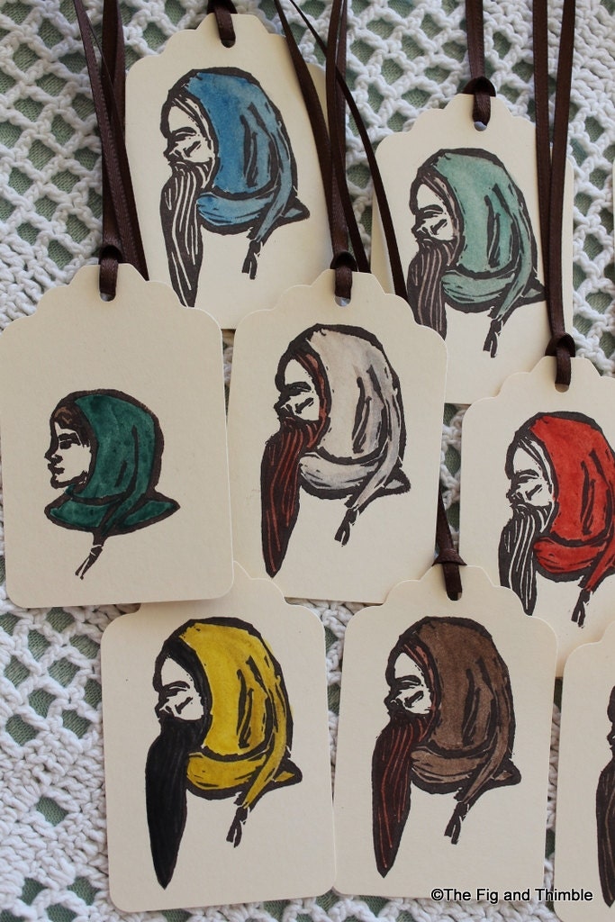 Hobbit Dwarf Tags - Handstamped Set of Fourteen from hand carved stamp -Hobbit Tolkien Lord of the Rings LOTR