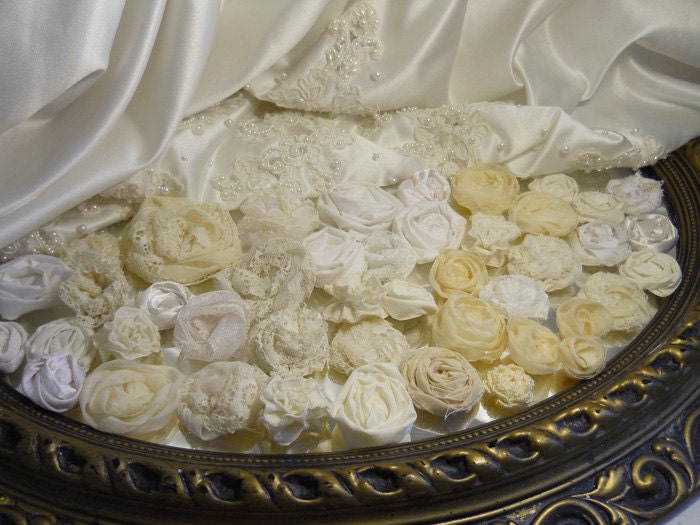 Bulk Flowers, Lot of 45 handmade flowers of ivory fabrics and lace.
