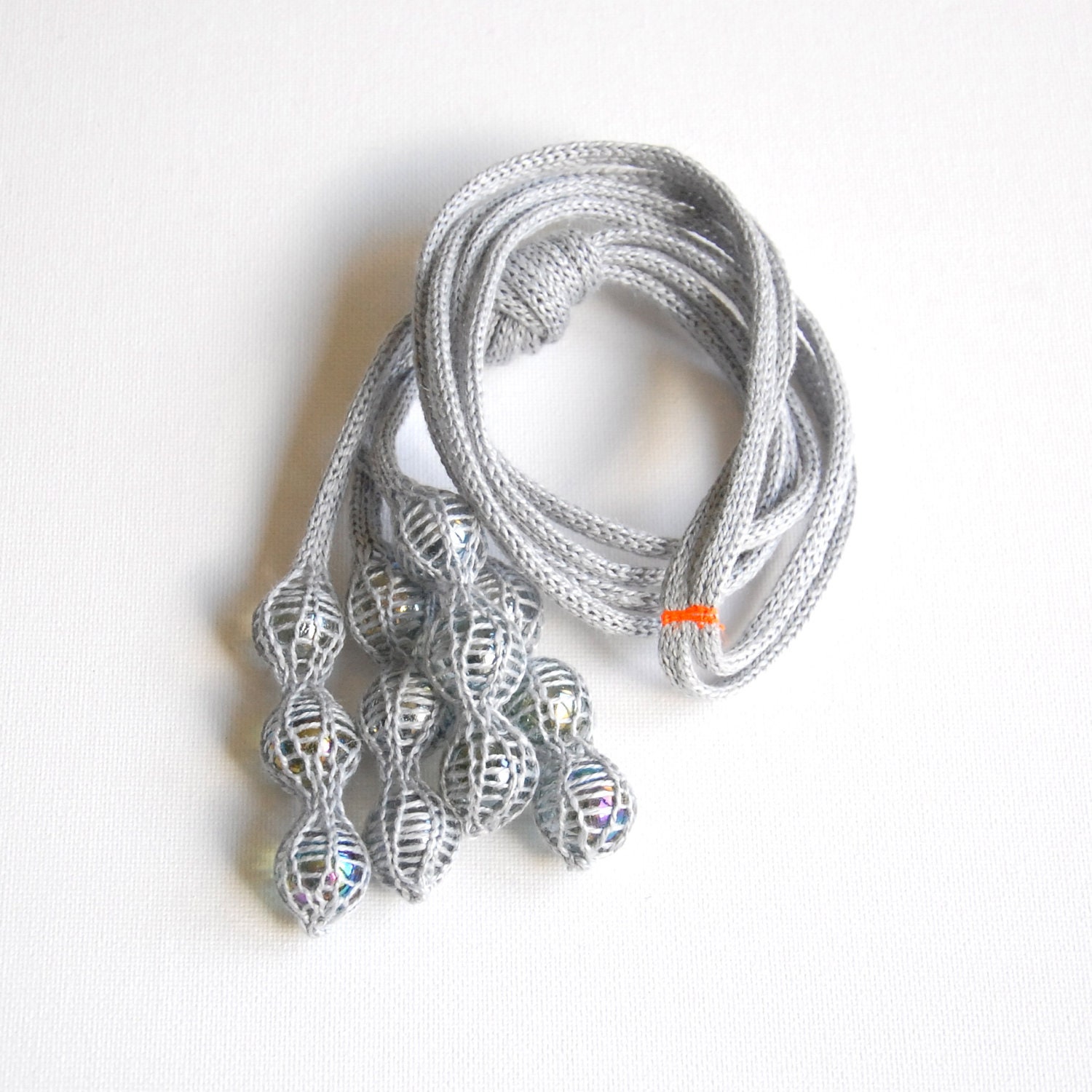 knitted pendant necklace PITA, grey linen, marbles