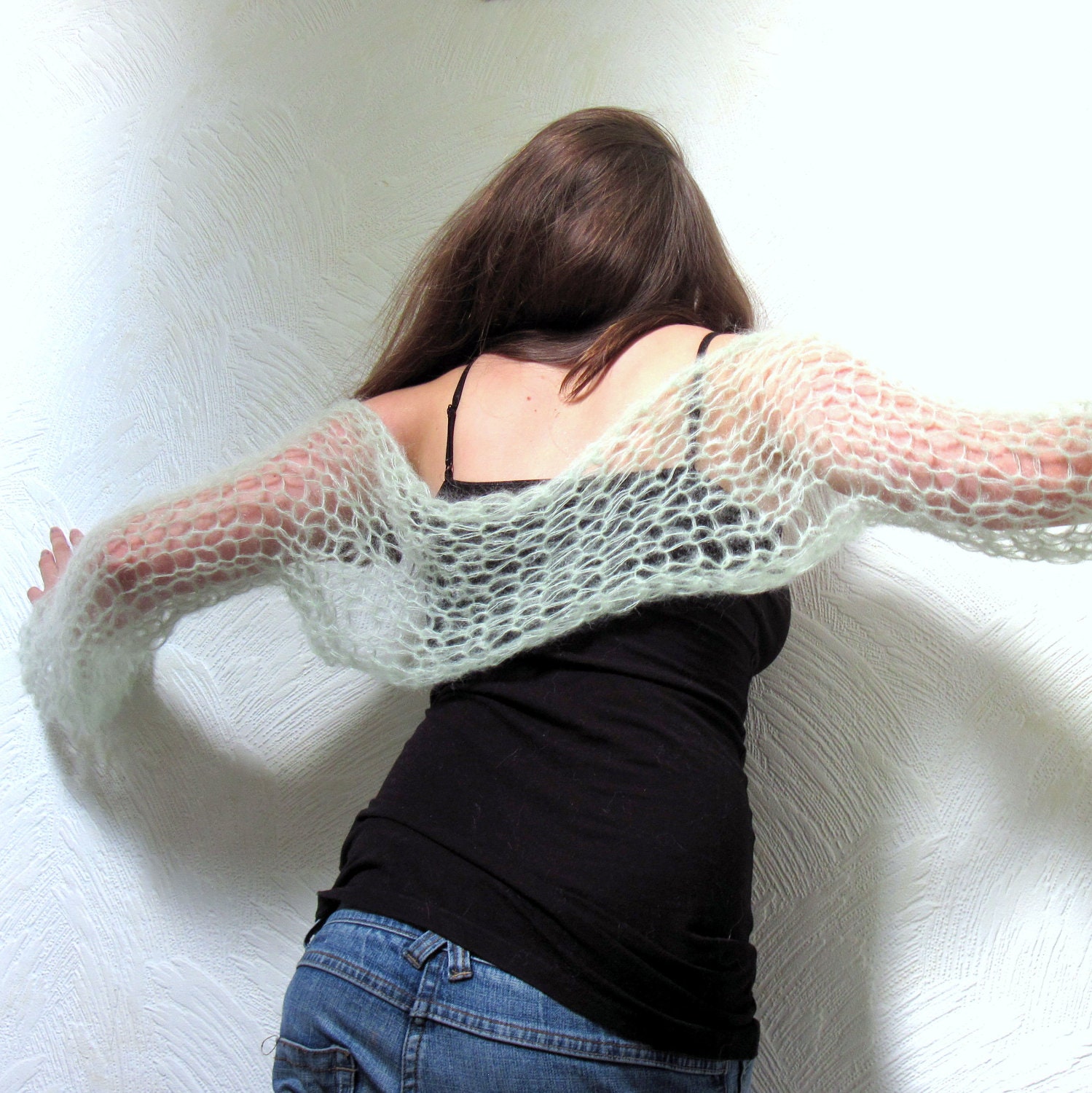 Shrug Mint Hand Knit Green Mohair Fashion Cardigan