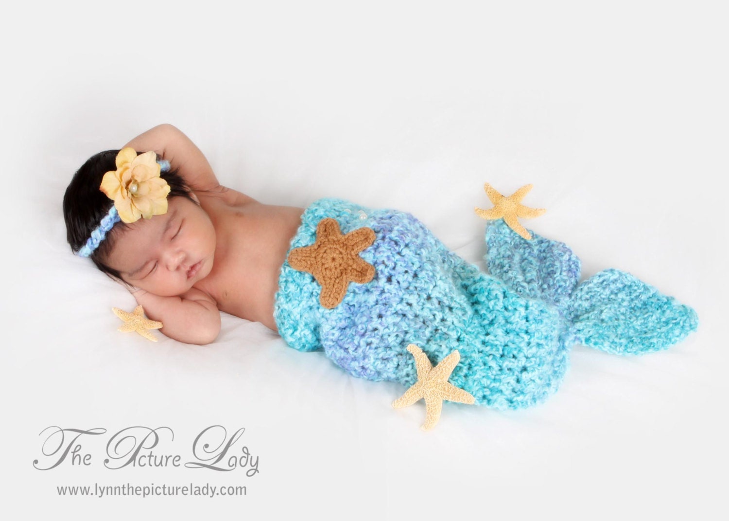 Newborn Mermaid Tail and Headband Set,  Baby Beach Photo Prop, Newborn Baby Girl Crochet Photo Prop