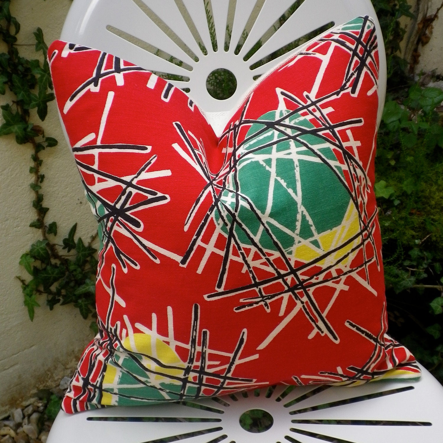 Vintage 1950s French Graphic Atomic Fabric Cushion Pillow