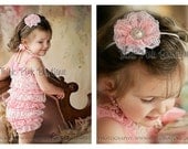 Coral PINK & White petti lace romper and headband SET, petti romper,baby headband,vintage inspired headband and lace petti romper