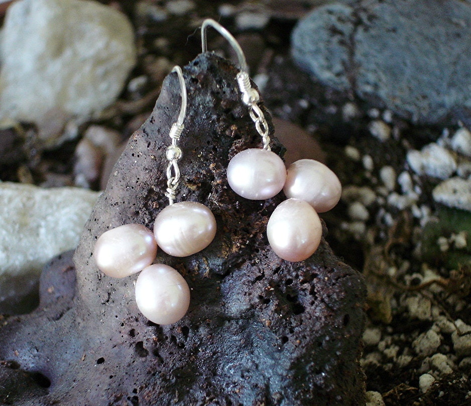 Pink Pearl drop Earrings, Bridesmaid Pearl Jewelry, Peach tan Freshwater large Pearl, Wedding, Bride Bridal Sterling Silver