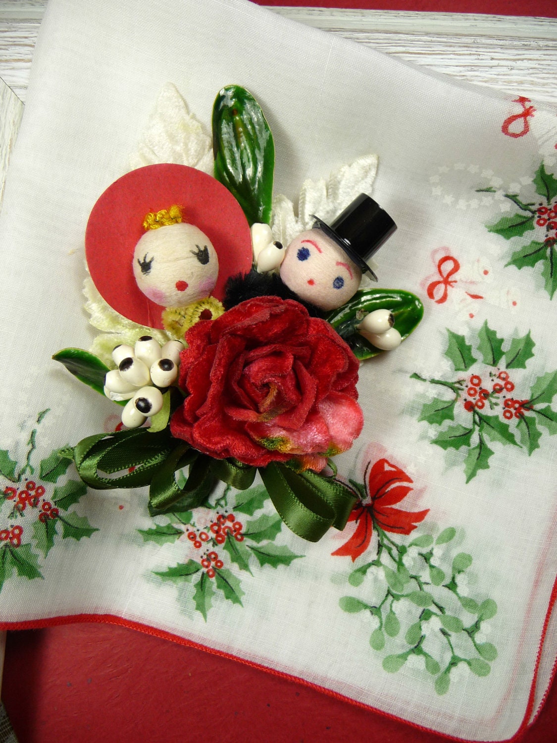 Vintage Christmas Hankie and Corsage SALE Spun Cotton Couple Mistletoe Gift Set Stocking Stuffer